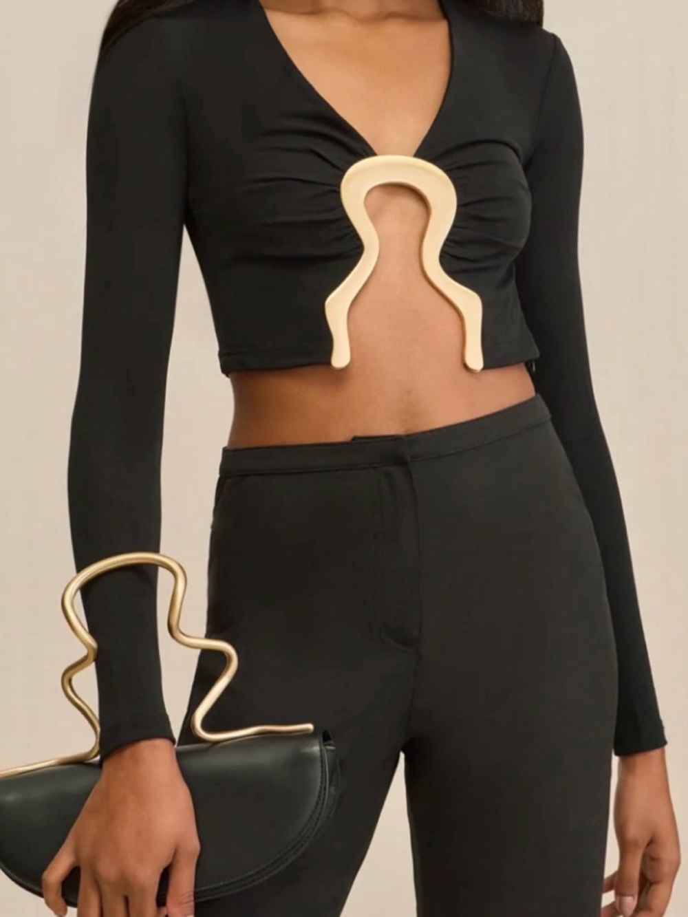cult gaia Black Long-Sleeve Cutout Crop Top with Cream Sculptural Accent